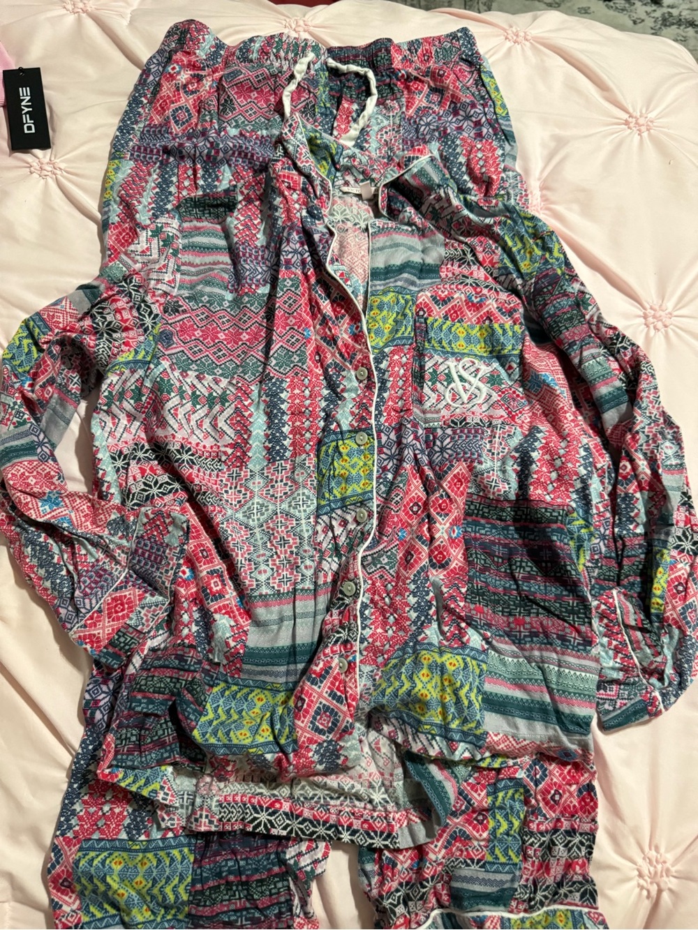 Pink multi pattern long sleeve pajama pants set